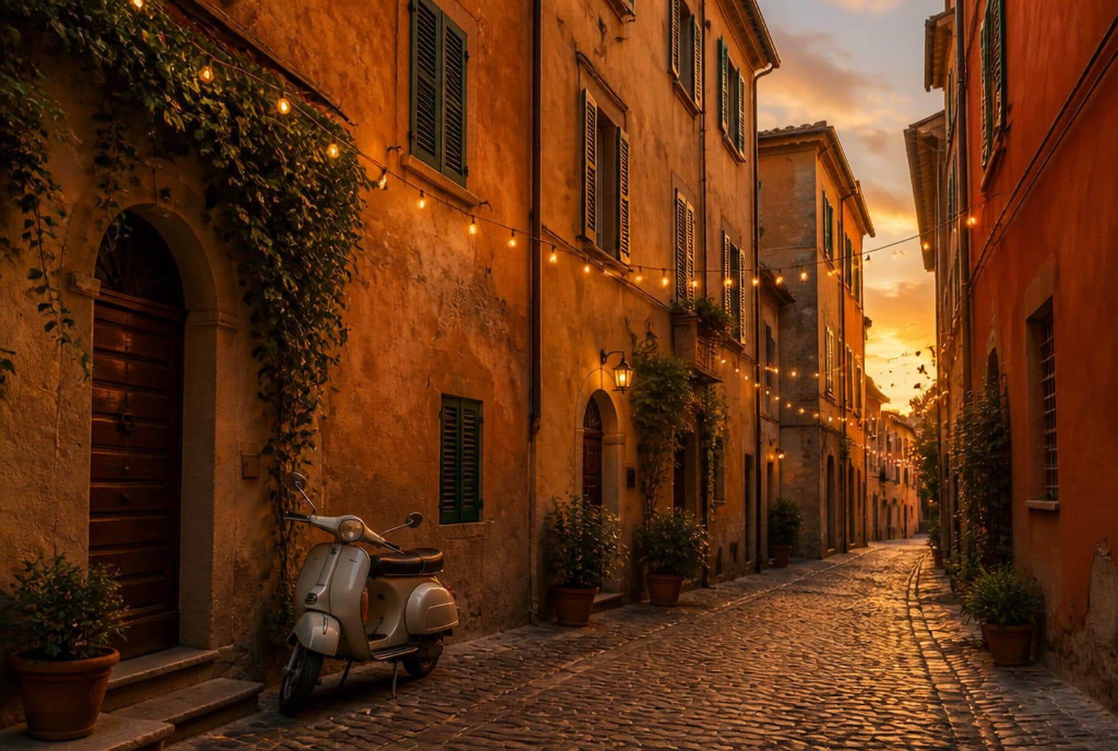 Une ruelle italienne au soleil couchant, une Vespa garée devant des volets verts